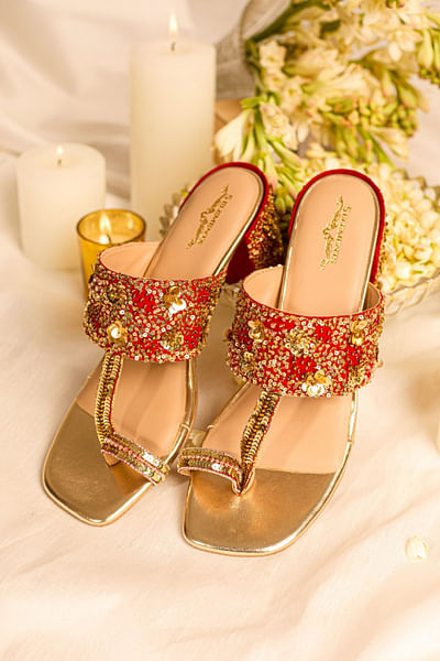 Red and gold sequin-bead kolhapuri heels