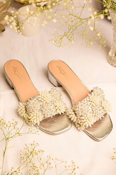Silver floral pearl and bead embellished heels