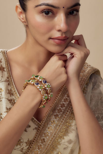 Multicolour stone-pearl embellished bangles