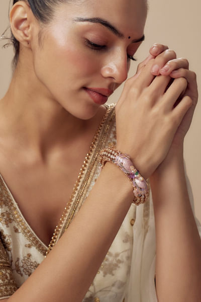 Gold and pink floral crystal-pearl kada
