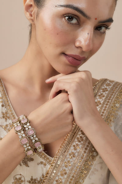 Gold and pink zircon-gemstone bangles