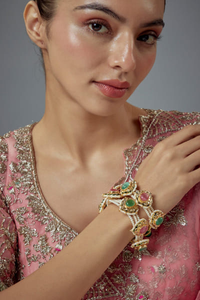 Multicolour gemstone-pearl embellished bangles