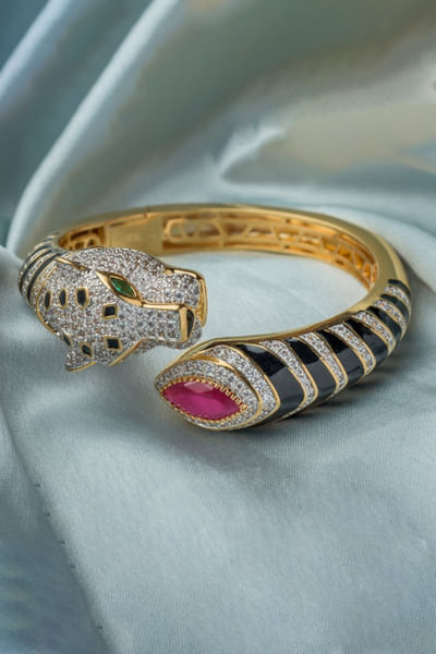 Gold and pink cubic zirconia panther kada