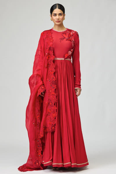 Red 3D tonal leaf embroidered anarkali set