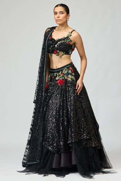 Black 3D sequin embellished lehenga set