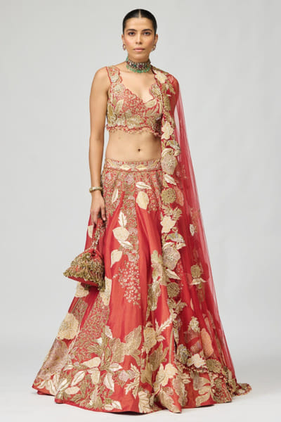 Red zari and dabka embroidered lehenga set