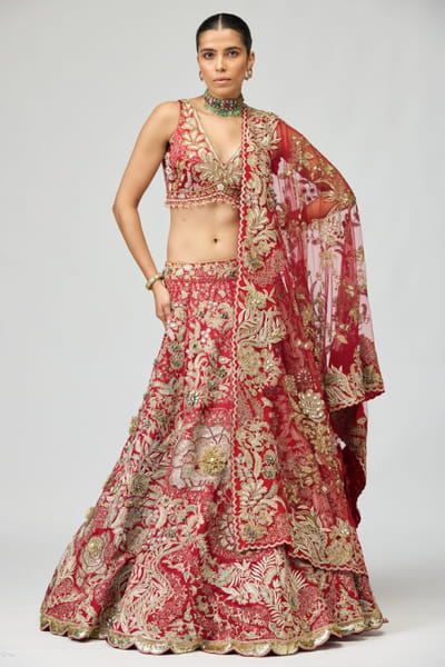 Maroon zari and dabka embroidered lehenga set