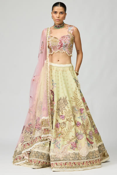 Green 3D patchwork embroidered lehenga set