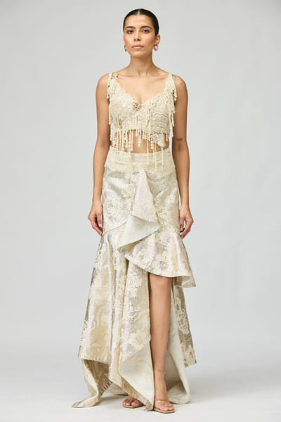 Ivory pearl and dori embroidered skirt set