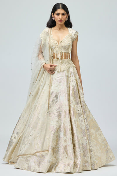 Ivory pearl-dori embroidered lehenga set