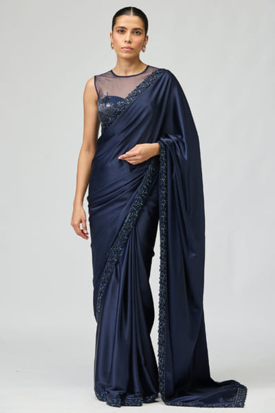 Navy blue sequin-cutdana embellished sari set