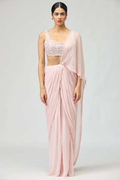 Light pink pearl beaded draped sari set