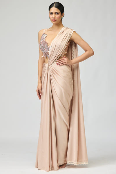 Blush zari stone embellished draped sari set