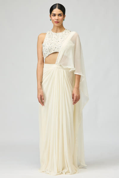 Ivory cutdana-bead embroidered draped sari set