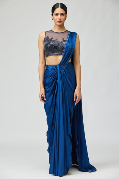 Navy sequin-bead embroidered draped sari set