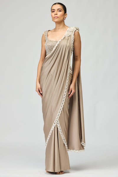 Grey bead embroidered draped sari set