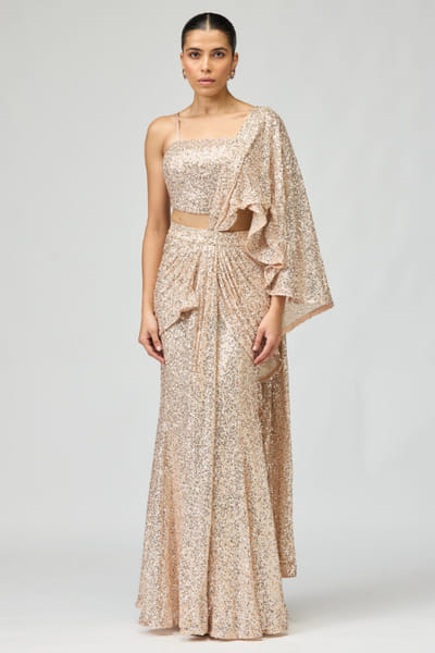 Peach sequin embellished pre-draped sari set