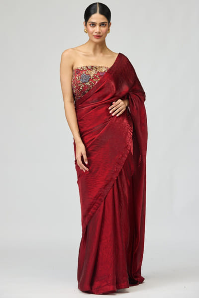 Maroon bead embroidered draped sari set