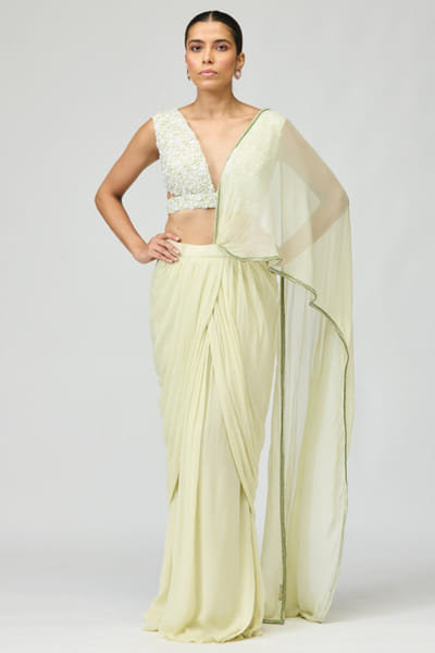 Ivory bead-pearl embroidered draped sari set