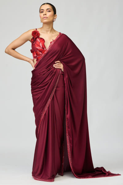 Wine 3D leaf thread embroidered sari set