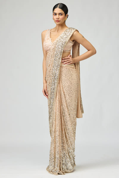Peach sequin-cutdana embroidered sari set
