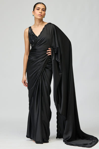 Black bead embroidered sari set