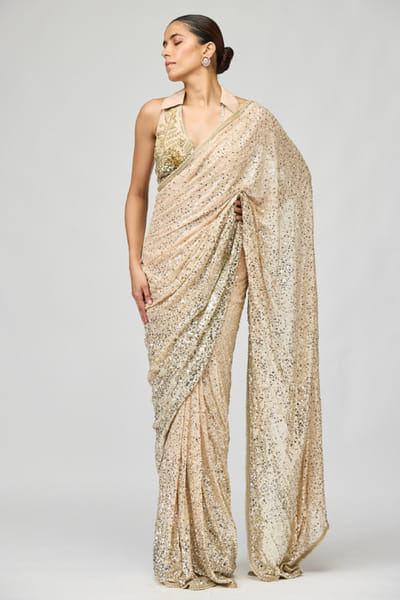 Beige ombre sequin embellished sari set