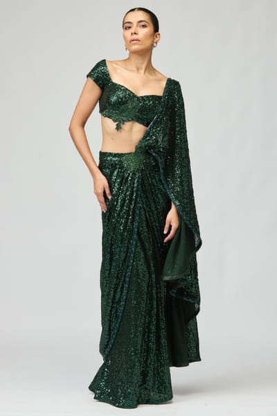 Bottle green dori embroidered draped sari set