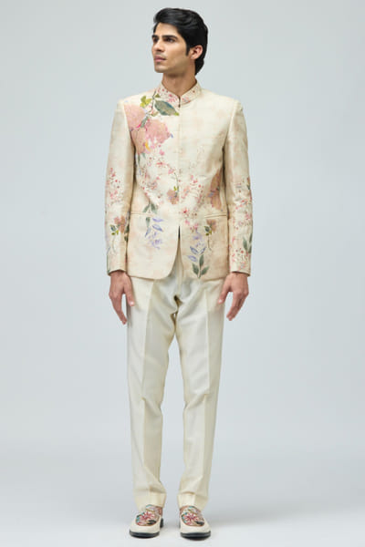 Beige floral printed bandhgala set