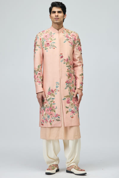 Pink floral embroidered sherwani set