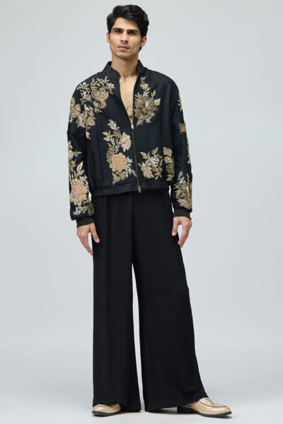 Black embroidered bomber jacket set