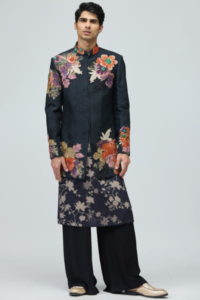Black floral embroidered sherwani set