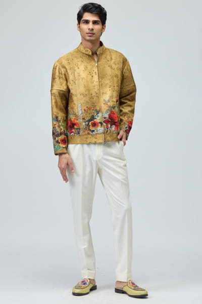 Beige printed bomber jacket