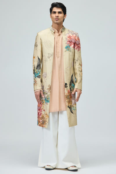 Beige embroidered sherwani