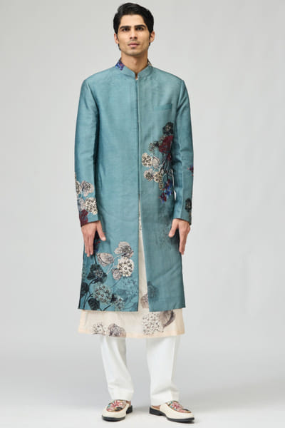 Aqua blue embroidered sherwani set