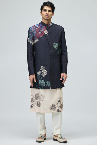 Navy blue embroidered sherwani