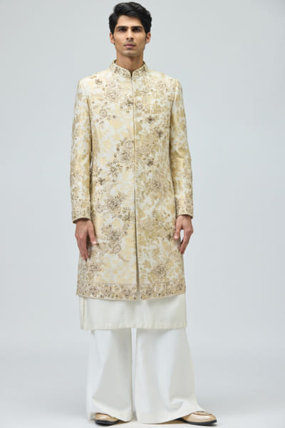 Beige embroidered sherwani set