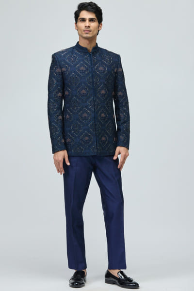 Blue embroidered bandhgala