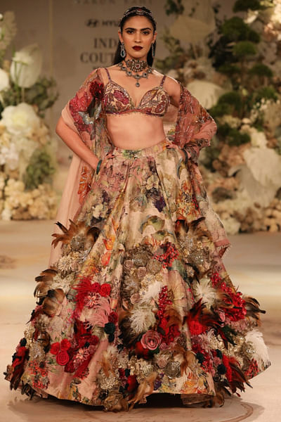 Pink printed brocade lehenga set