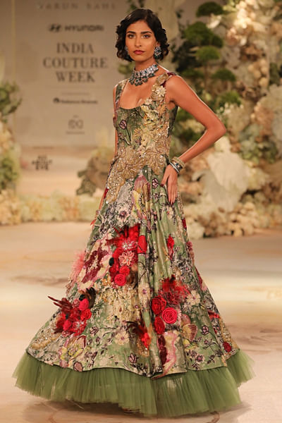 Green embroidered gown