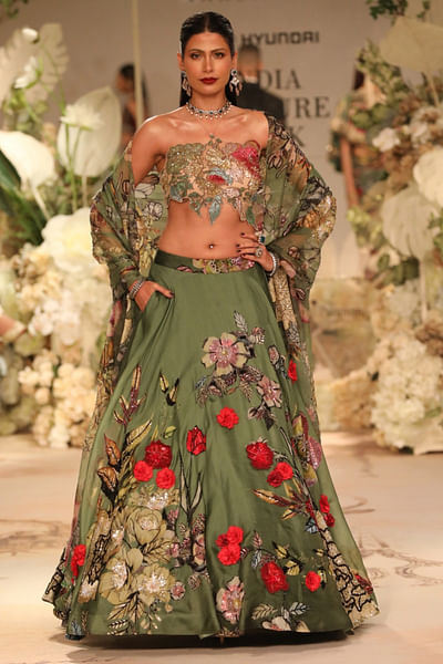 Green floral embroidered lehenga set