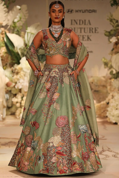 Moss green bead embroidered lehenga set