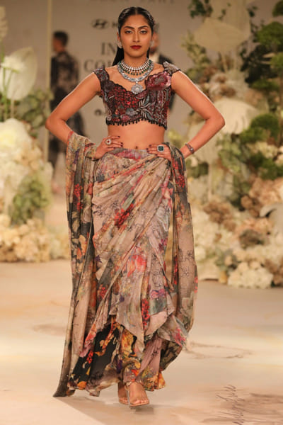 Black floral printed pre-draped sari set