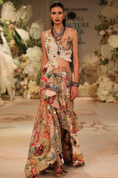 Pink asymmetric brocade skirt