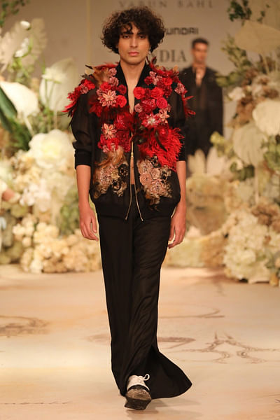 Black 3D floral and feather bomber jacket set