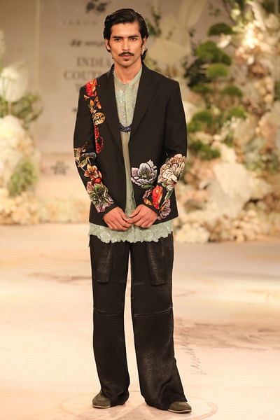 Black and green floral appliqued jacket set