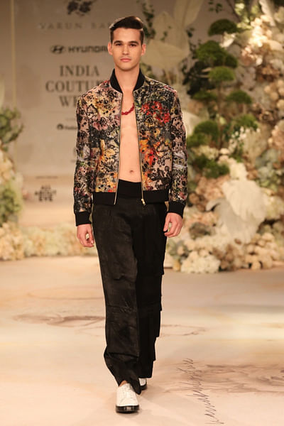 Pink floral printed brocade bomber jacket set