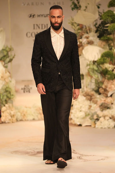 Black floral embroidered tuxedo set