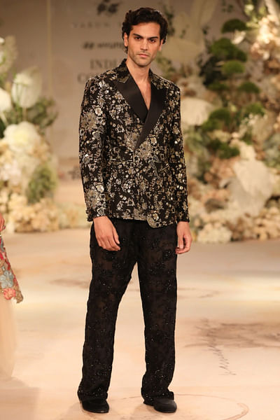 Black floral embroidered brocade jacket set