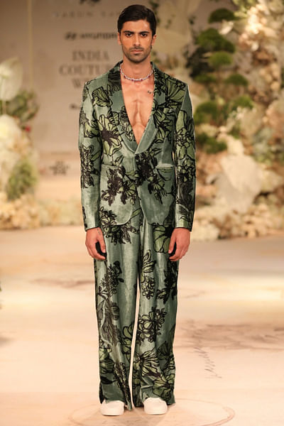 Sage green floral printed velvet suit set